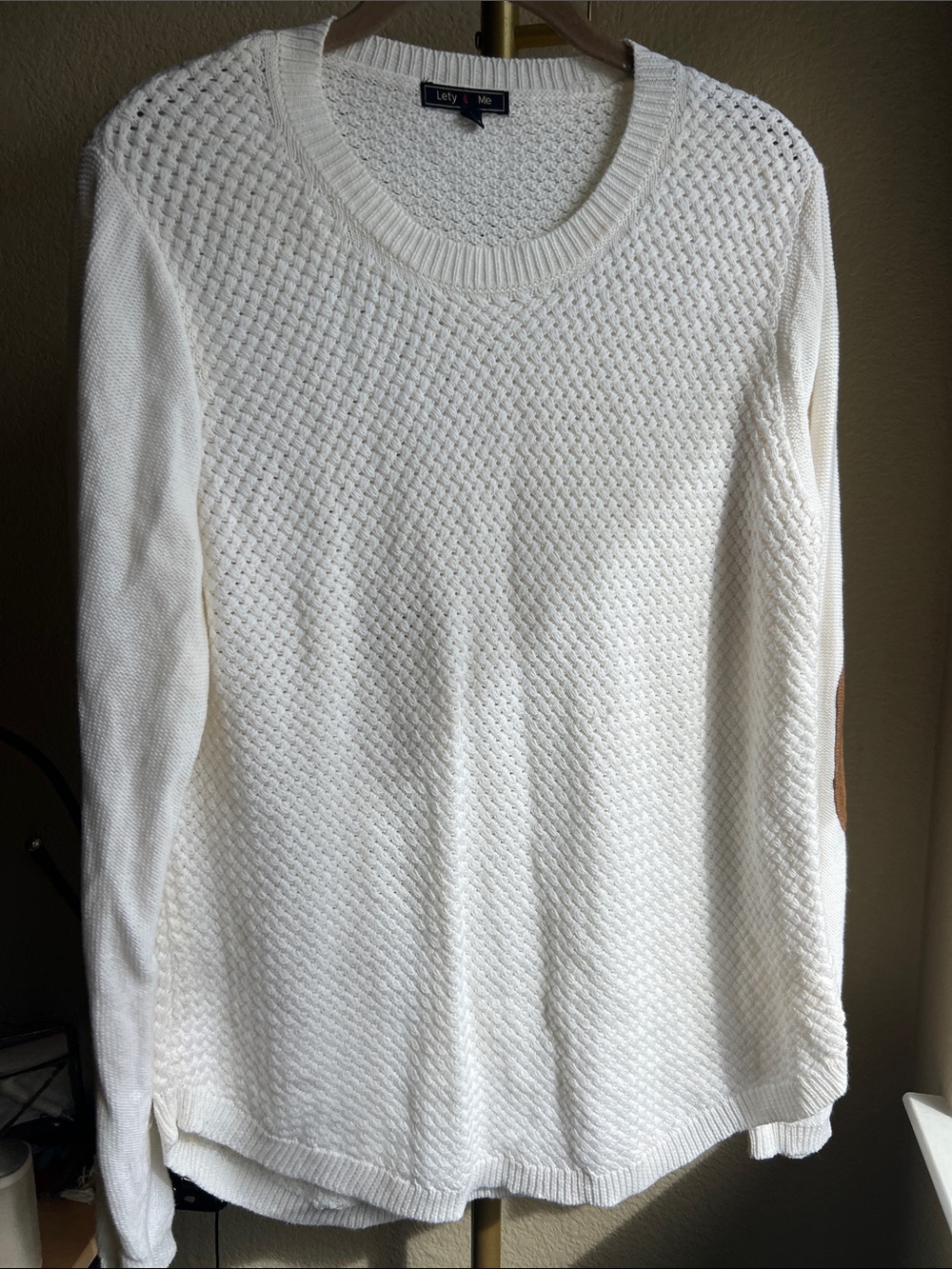 Preppy Off white basket weave crew neck cotton sweater Ralph Lauren Polo Large